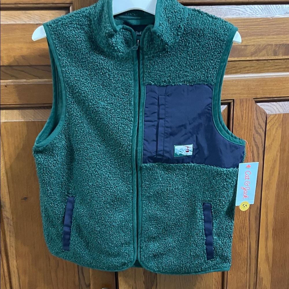 CAT n JACK Green Sherpa Zip Vest with Navy Pocket Sz.8